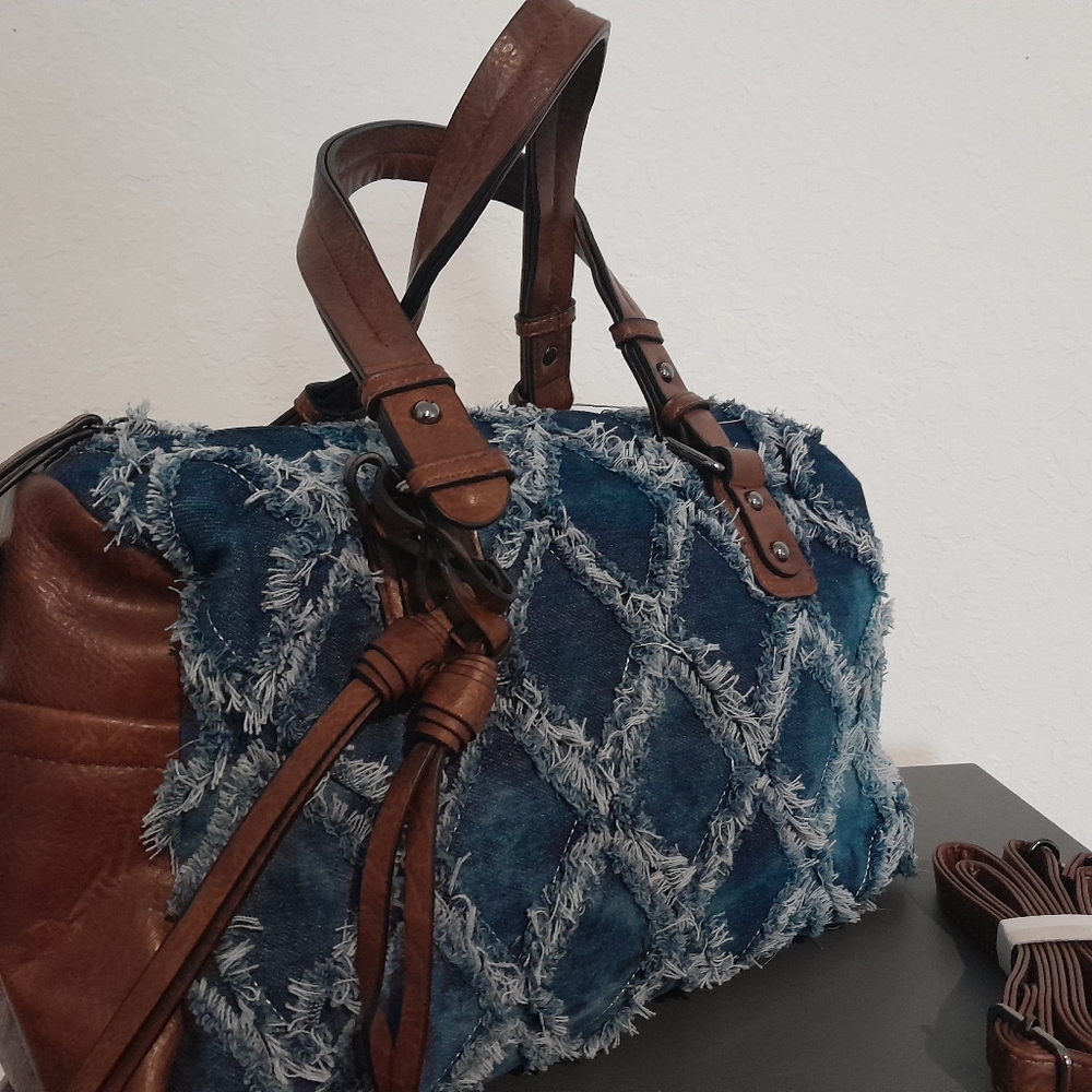 THE DENIM COLLECTION BY JACQUITA Vegan Leather Barrel Large Satchel Handbag - Picture 12 of 17